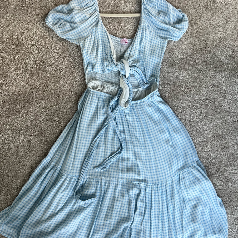 Pink Lily Blue Gingham Puff Sleeve Cutout Midi Dress – Size M
